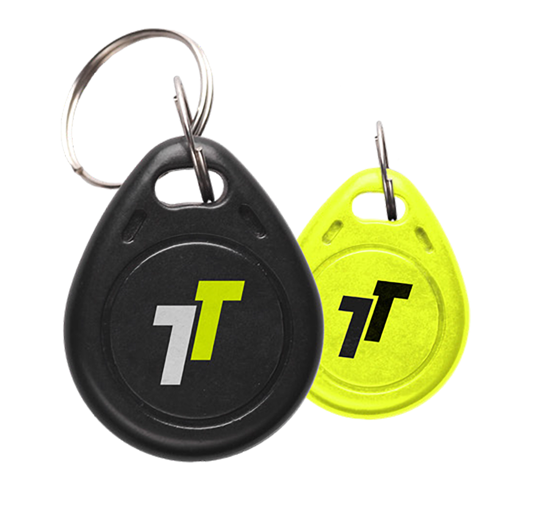 Two Tip Tag devices, one black and one yellow, displayed to show the different color options available.