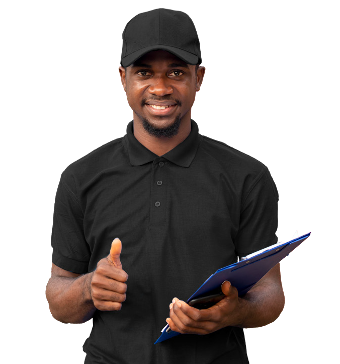 A service worker holding a clipboard and a mobile phone while giving a thumbs up, representing satisfaction with Tip Tag.